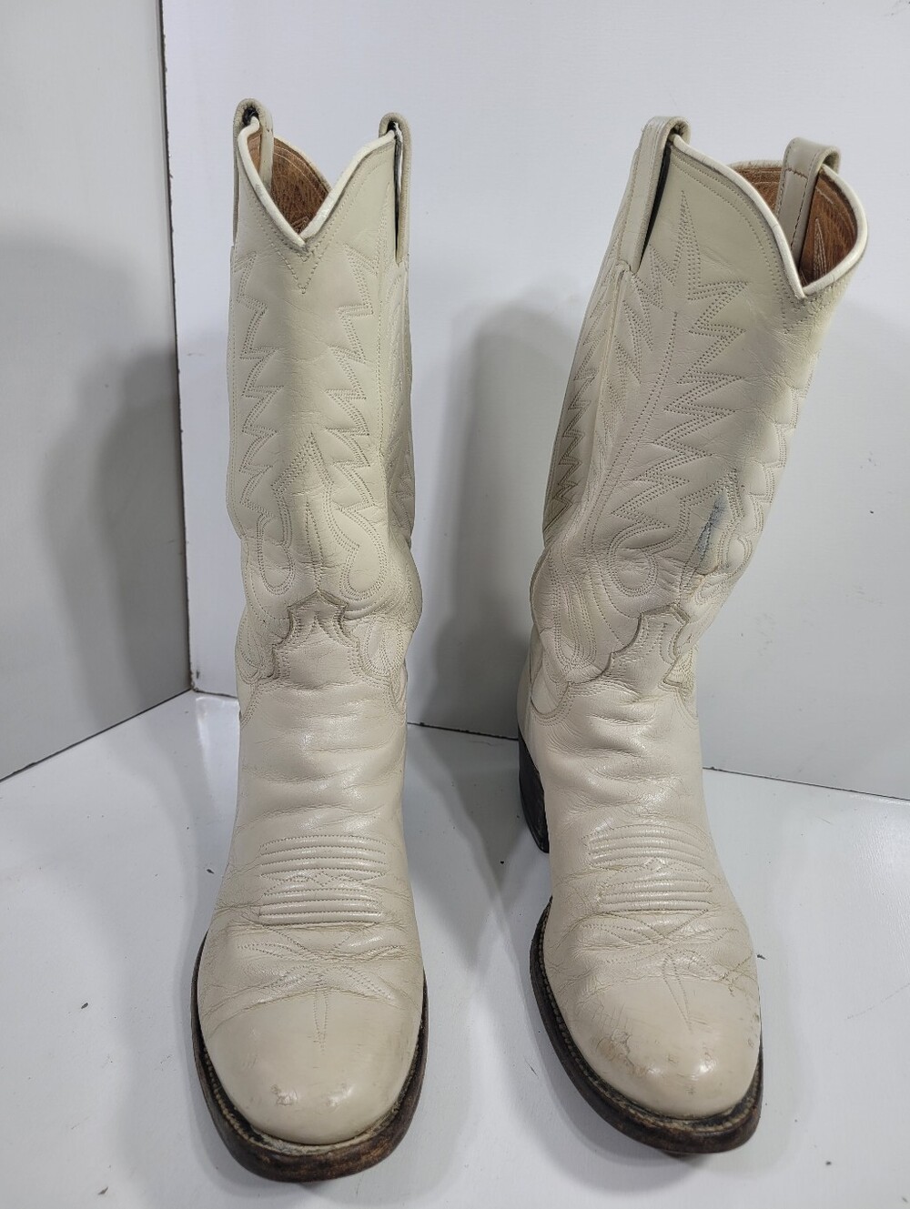 Vintage White Leather Cowboy Boots Kids 2 Youth Biltrite Heels Western 9620